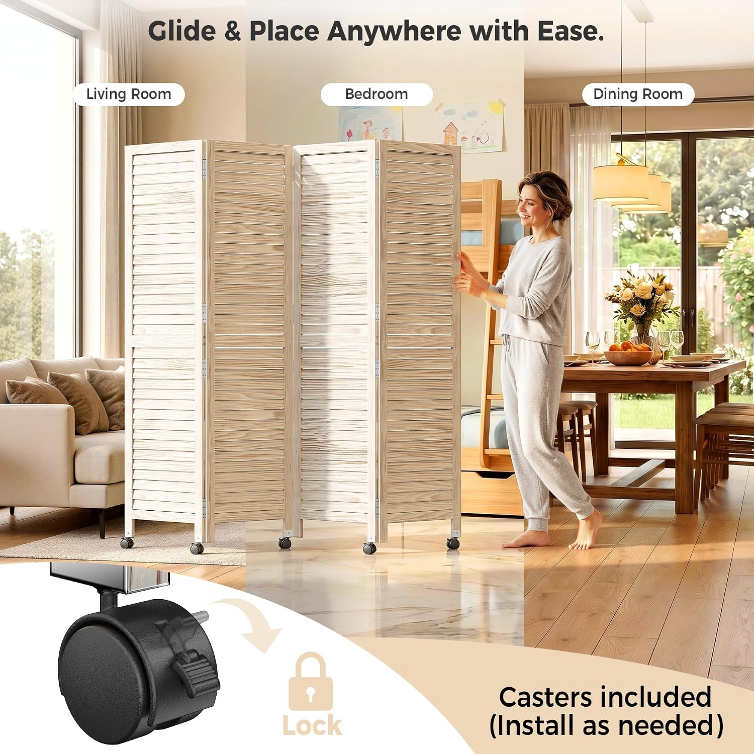4 Panel Louvered Wood Room Divider with Wheels