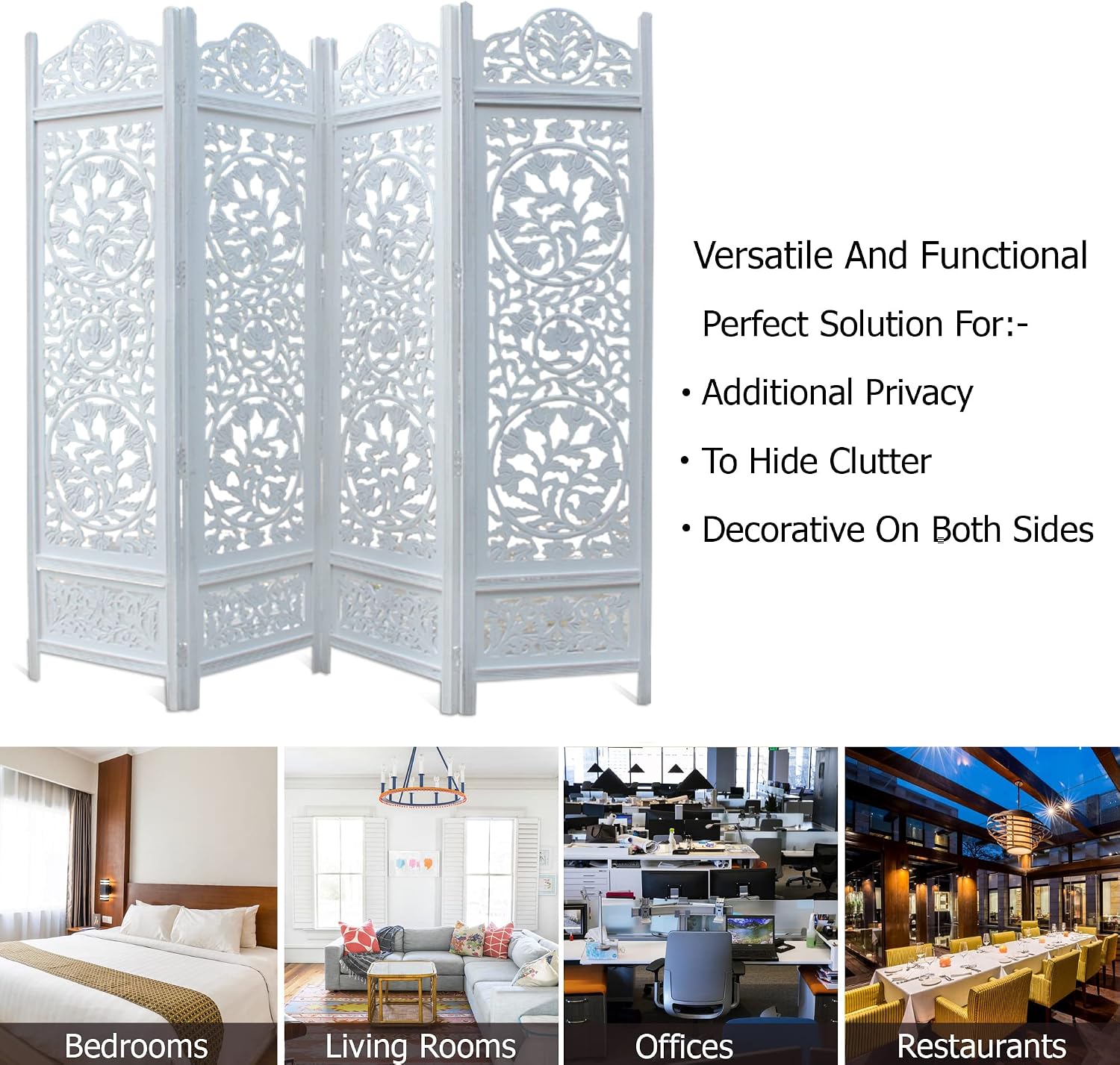 4 Panel Antique White Carved Wood Room Divider