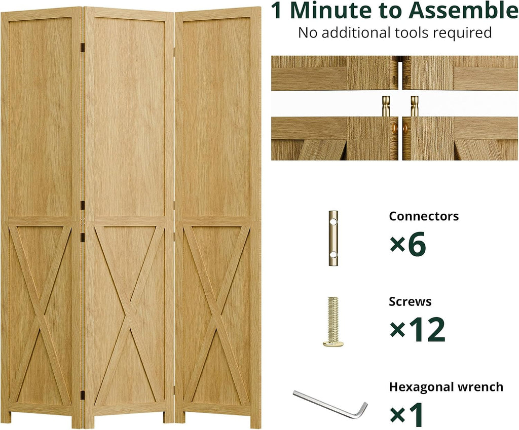 3 Panel Natural Wood Room Divider Screen