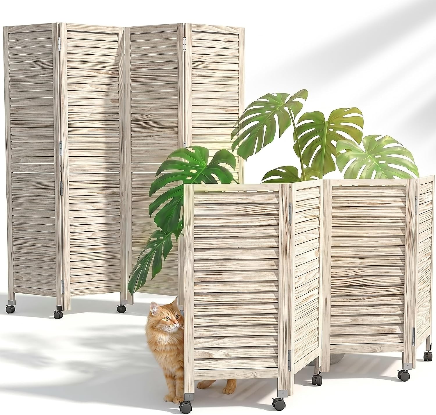 4 Panel Louvered Wood Room Divider with Wheels