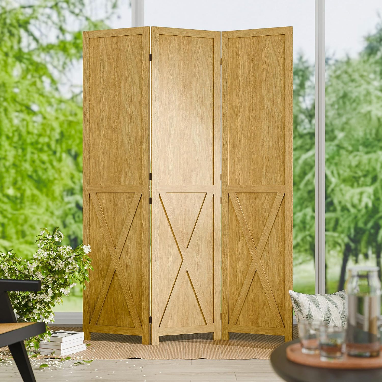3 Panel Natural Wood Room Divider Screen