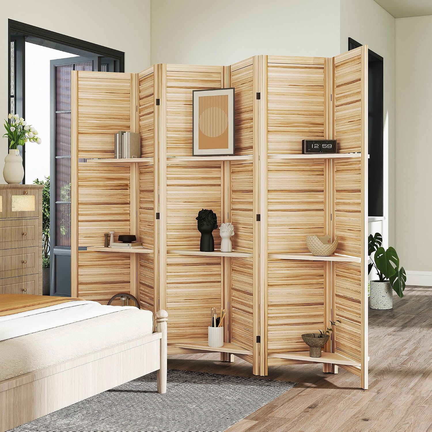 6 Panel Natural Wood Room Divider with Shelves