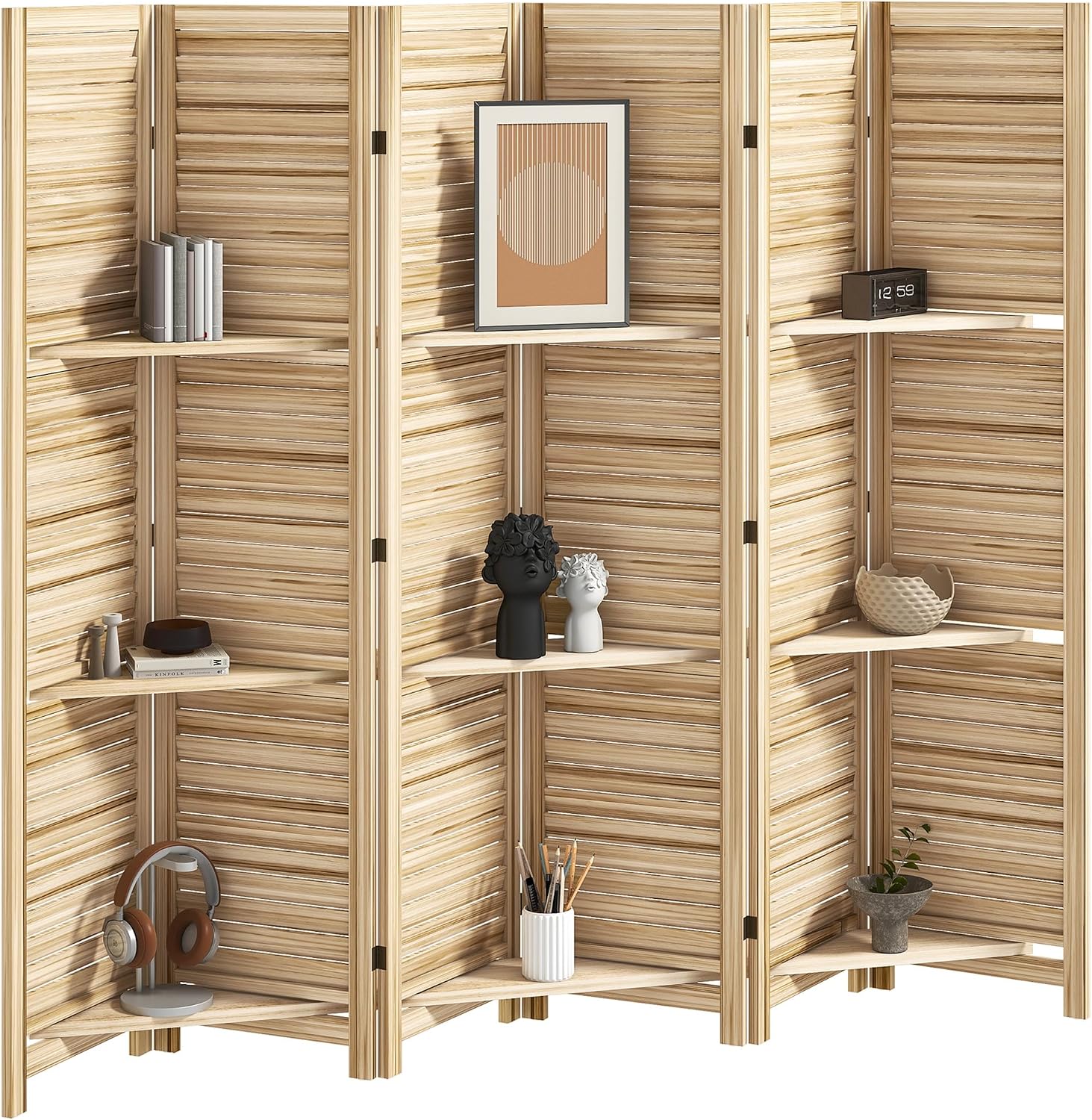 6 Panel Natural Wood Room Divider with Shelves