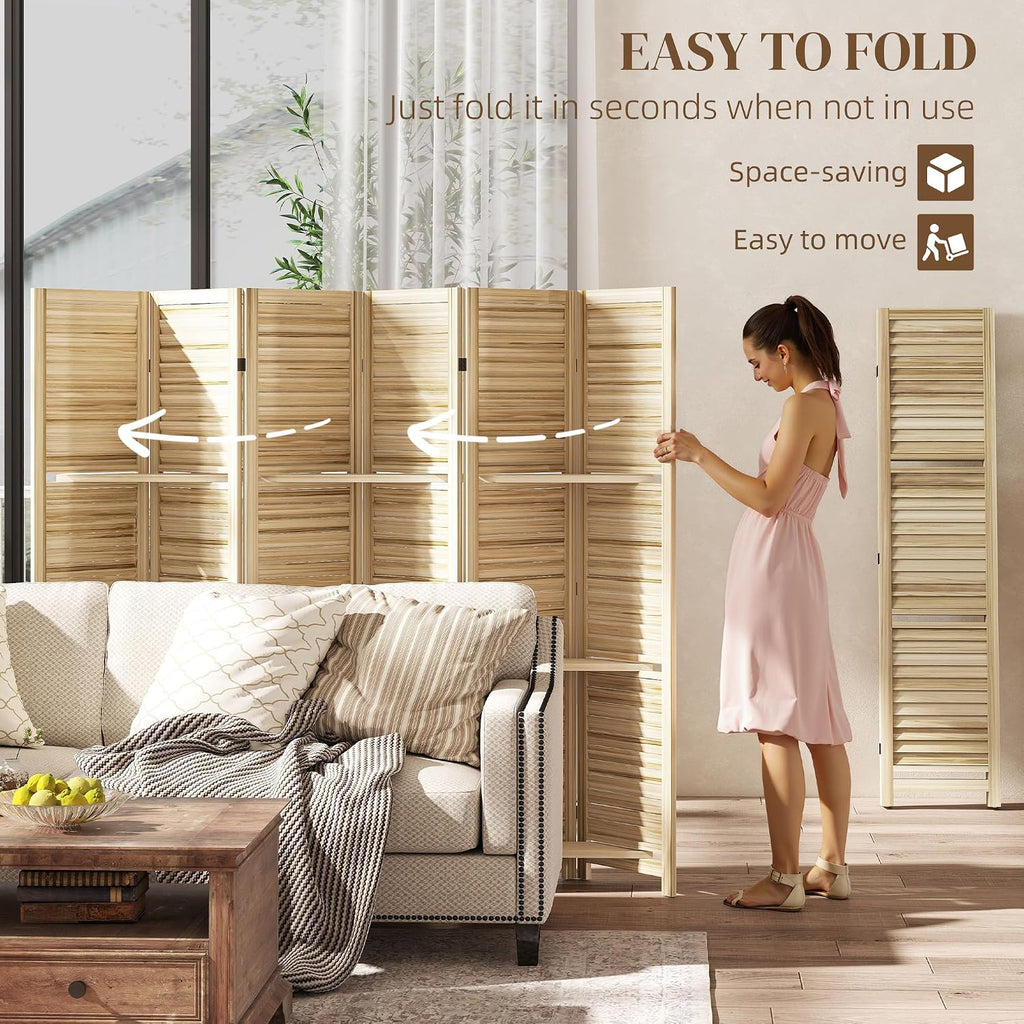 6 Panel Natural Wood Room Divider with Shelves