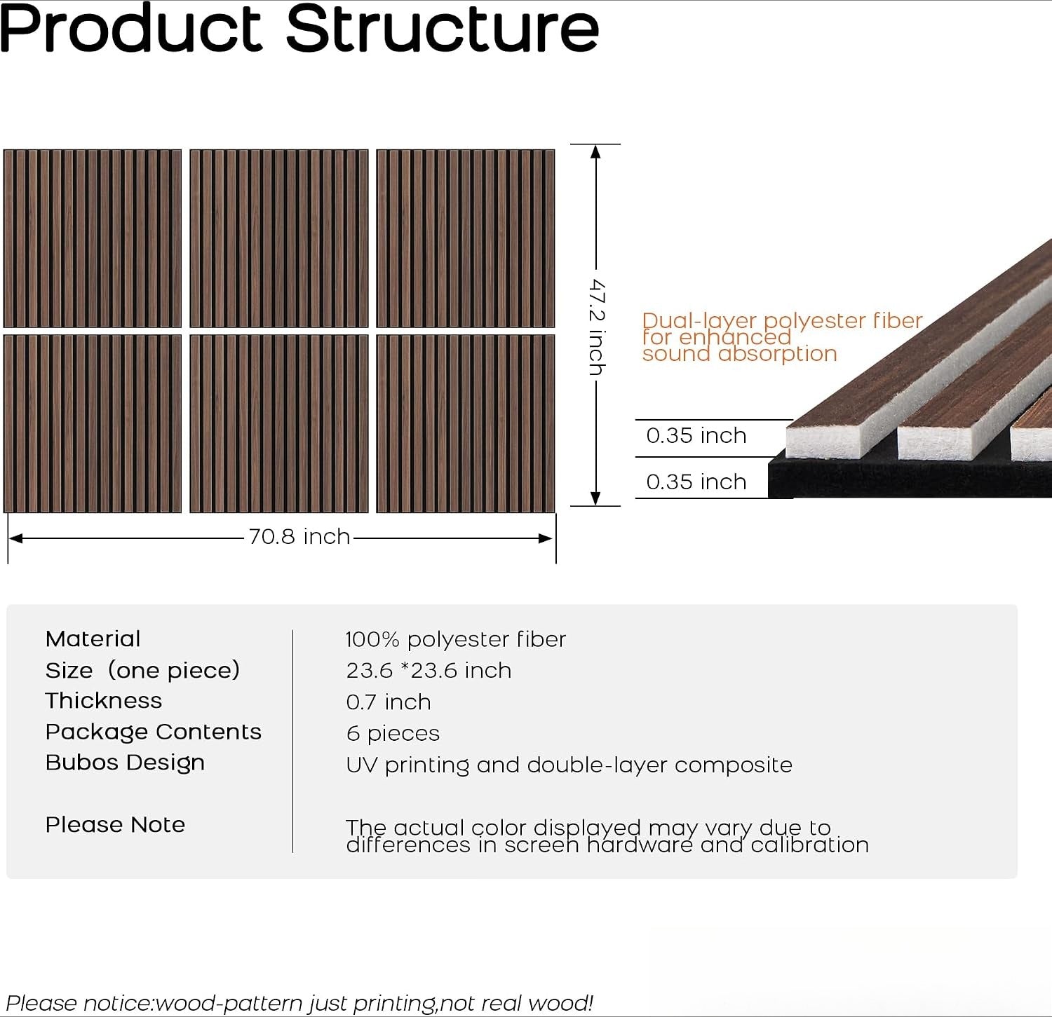 6-Pack Faux Wood Slat Acoustic Panels